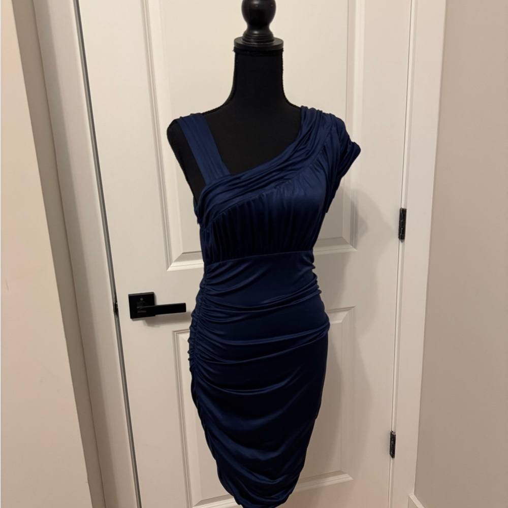 Elegant Navy Blue One-Shoulder Dress from Bebe